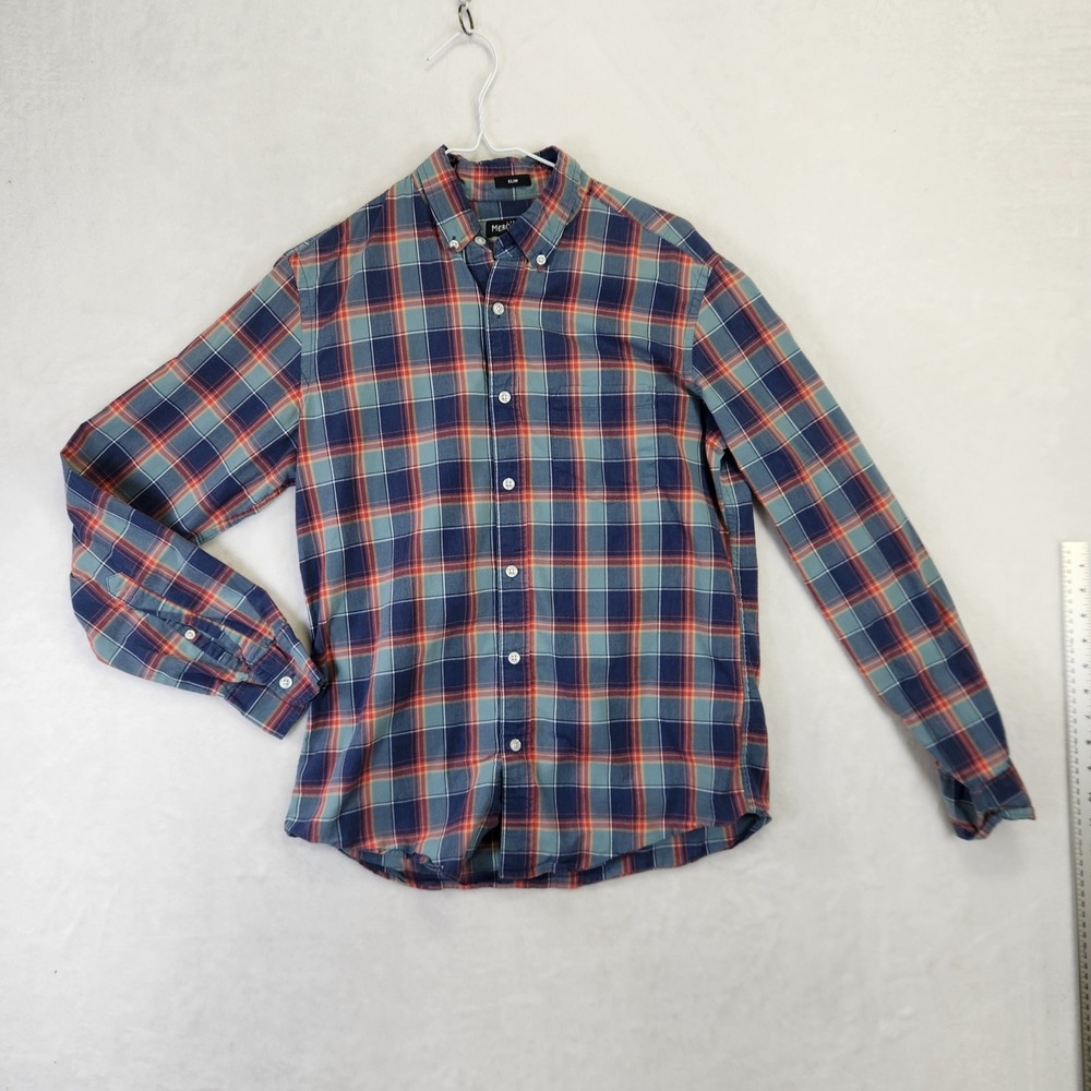 J.Crew Mercantile Flex Mens Slim Fit Plaid Button Down Shirt Blue‎ Red Orange M